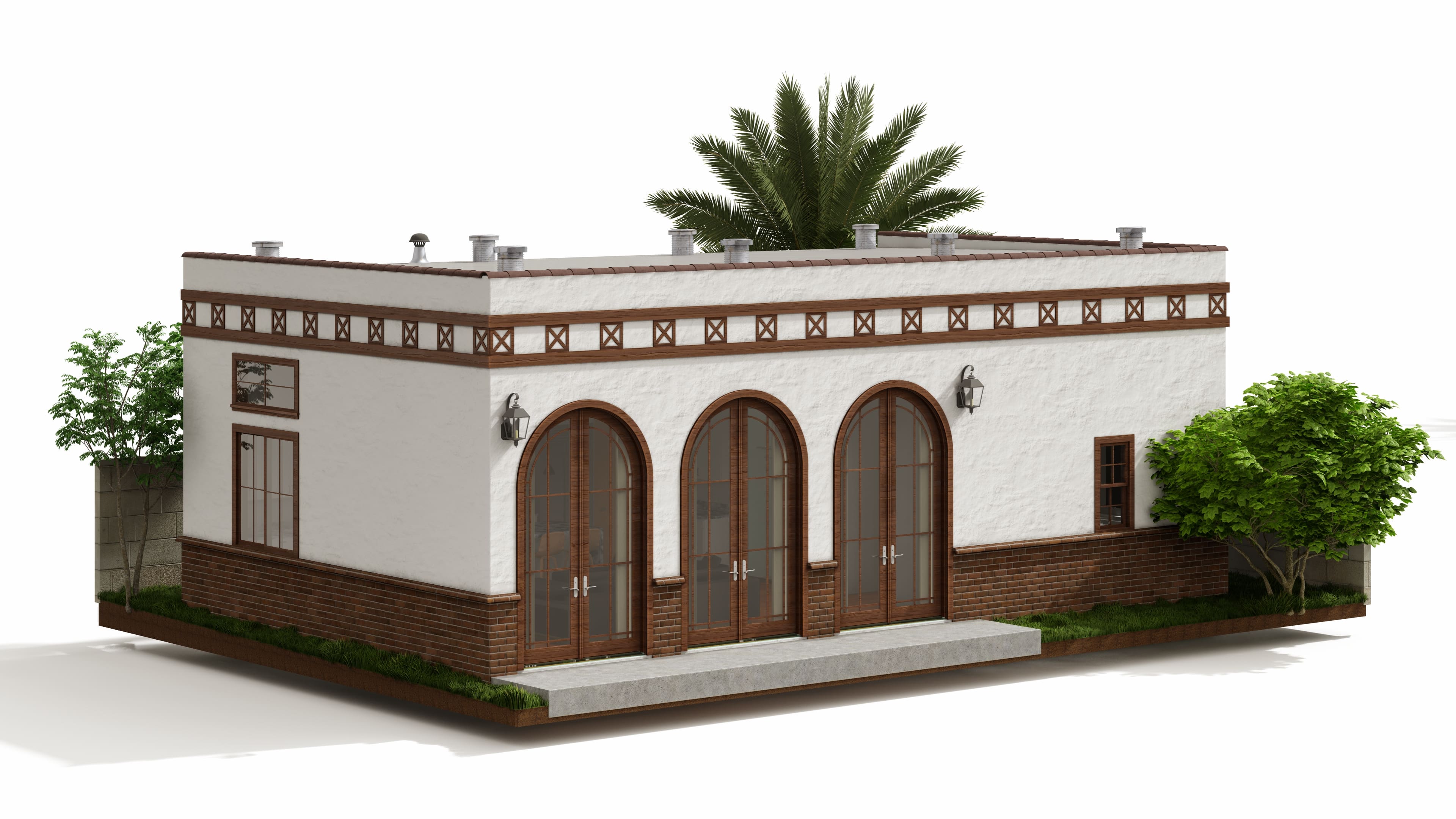 Spanish style ADU 950 sf with arched double swing door and flat roof