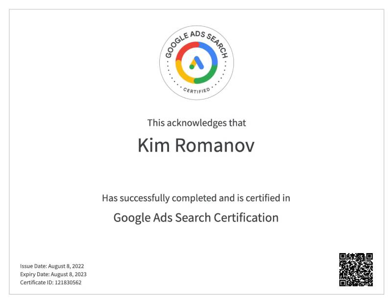 Kim Romanov is Apple Search Ads Certified Specialist