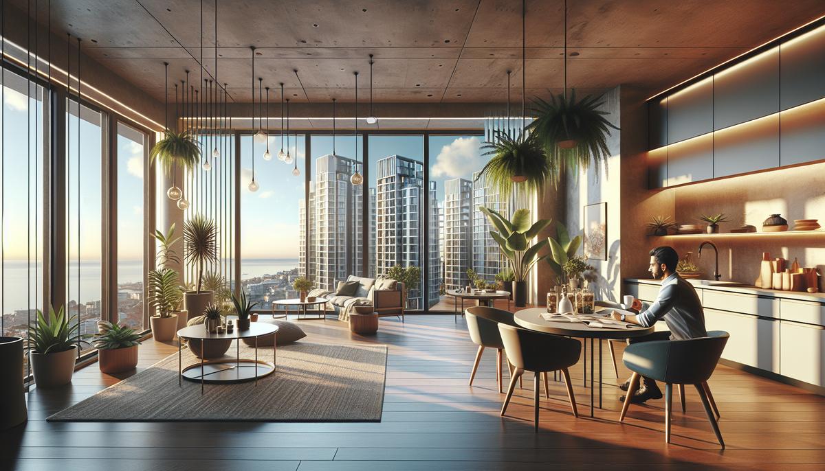 Сколько стоит жизнь в Батуми на одного человека Интерьер квартиры в Батуми с видом на море и человек за столом