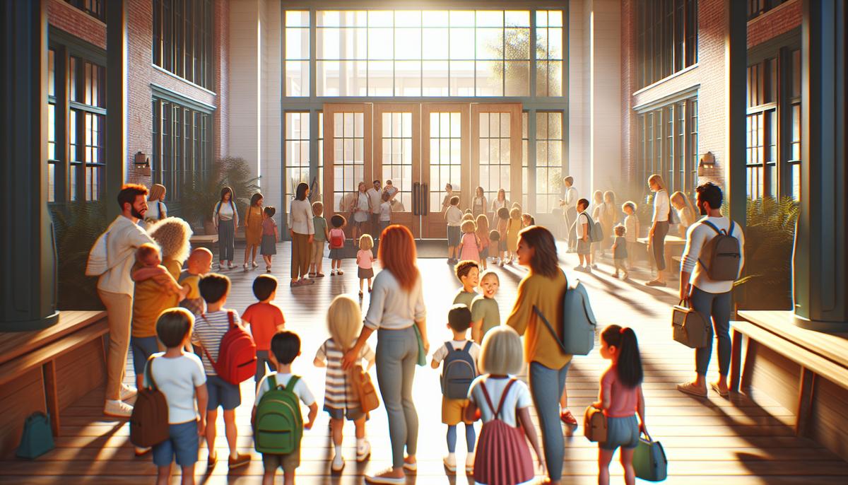 Детские сады: очередь, стоимость и адаптация дети с родителями у входа в сад