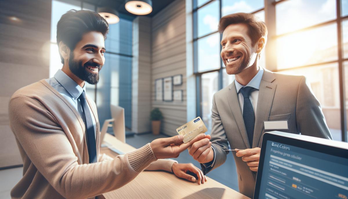 Как иностранцу открыть банковскую карту в Грузии Человек держит банковскую карту и документы в уютном банке