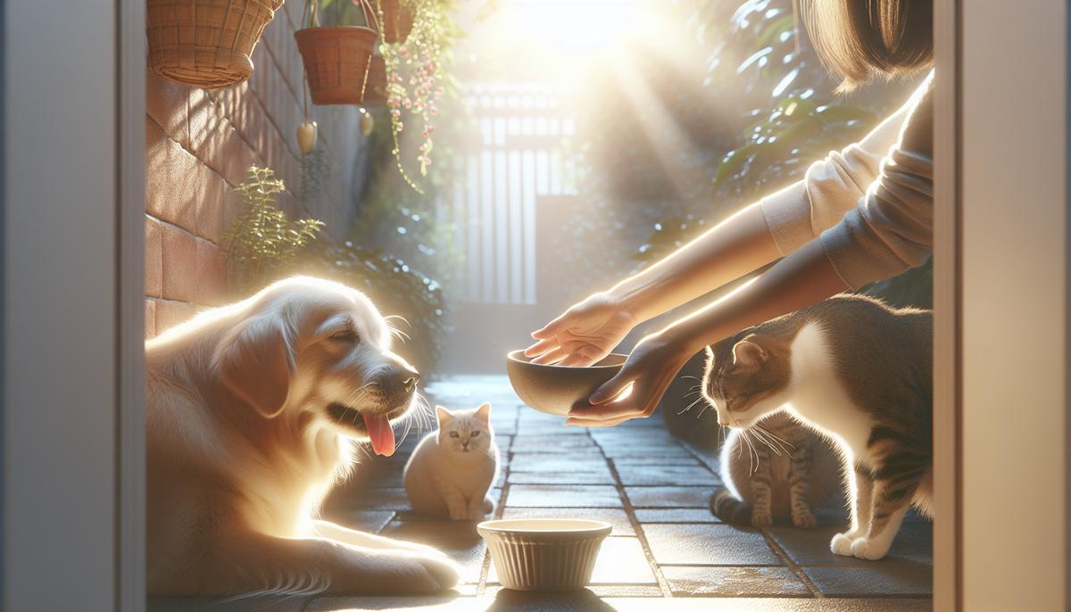 Как школьный кружок доброты спас десятки хвостиков за год Руки школьников кормят собаку и кошку на солнце, без лиц