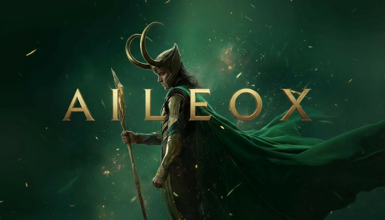 Постер с персонажем Loki из вселенной Marvel: зелёный плащ, рогатый шлем, золотая надпись AILEOX