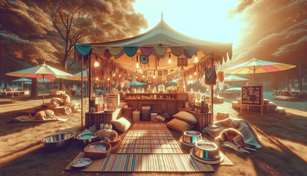 Палатки фестиваля с мисками и укрытиями для уличных собак и кошек в парке