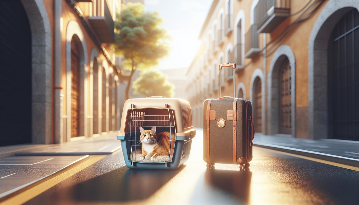 Кот Хвостик в переноске рядом с чемоданом