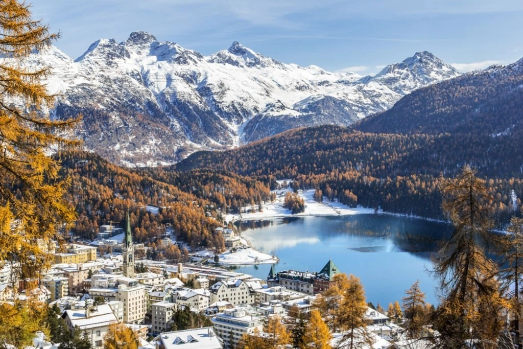 A panoramic view of St. Moritz with snowy mountains, alpine forest, and a lake, showcasing the luxury ski resort in Switzerland.