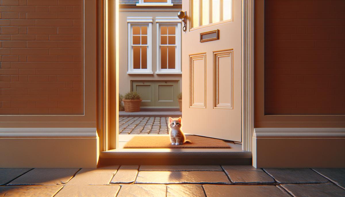 История котёнка, который помог подружиться соседям Маленький котёнок на пороге между двумя подъездами, тёплый свет