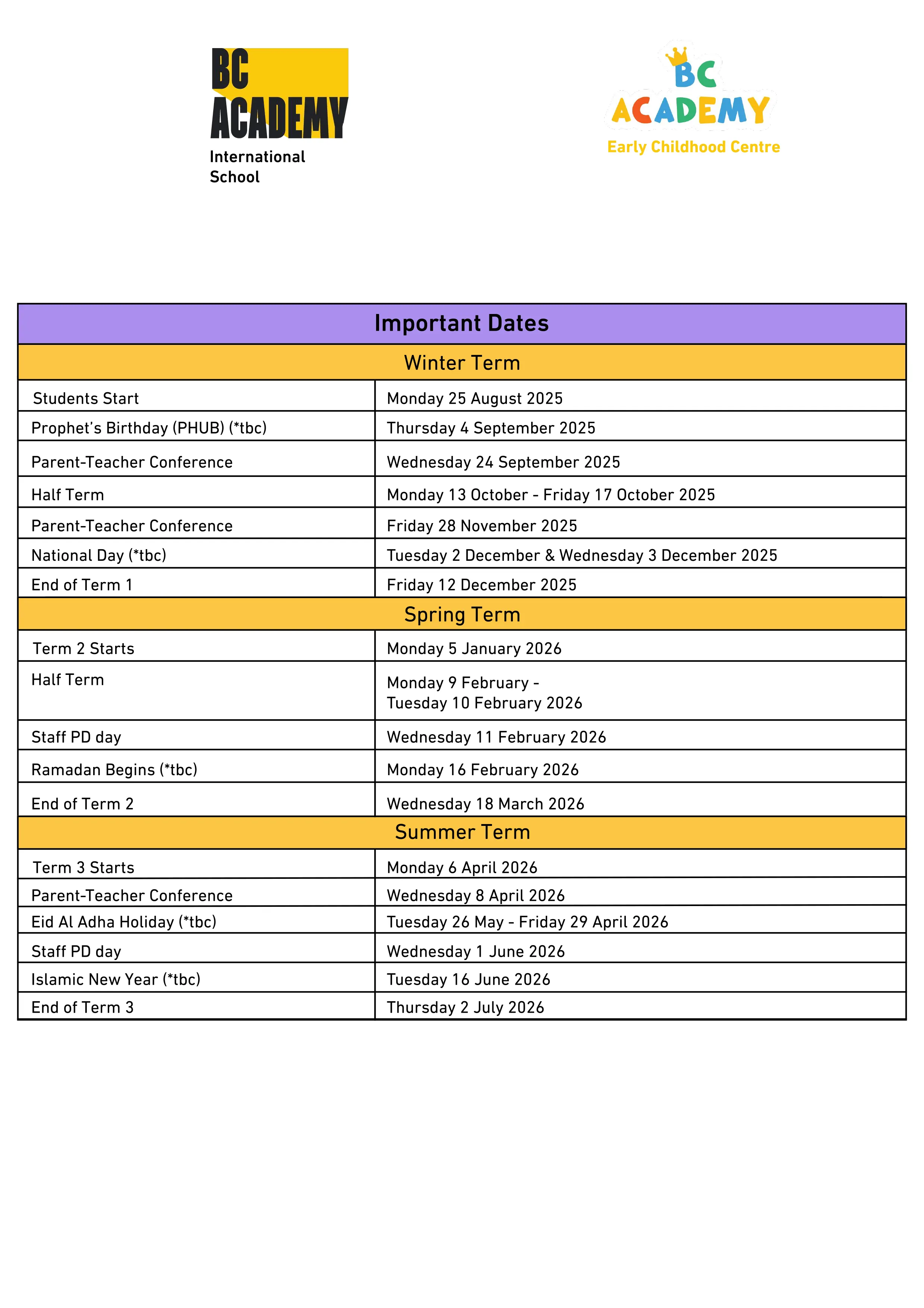 2025-2026 Academic Year Important Dates at British Curriculum International School and Nursery 
