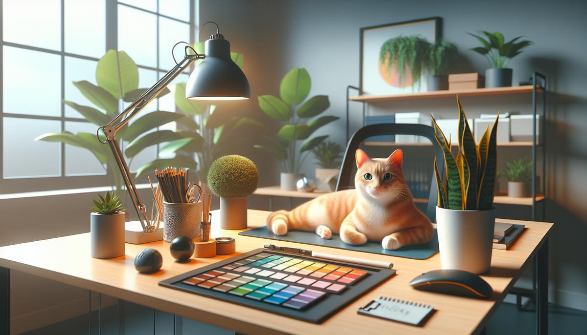 Офисный кот на рабочем столе среди растений и тёплого света