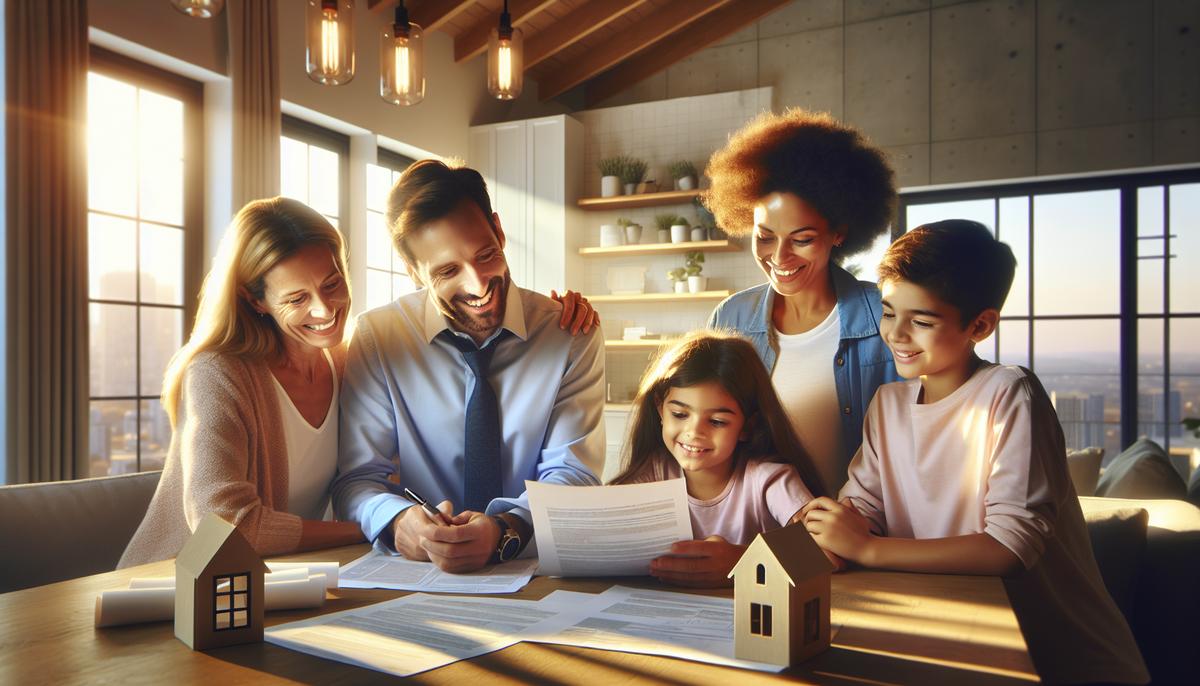 Как оформить ВНЖ членам семьи при покупке жилья Семья рассматривает договор купли-продажи у окна новой квартиры в Батуми