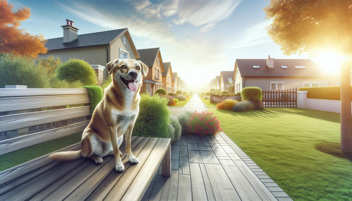 Дружелюбный пес сидит на лавочке во дворе района