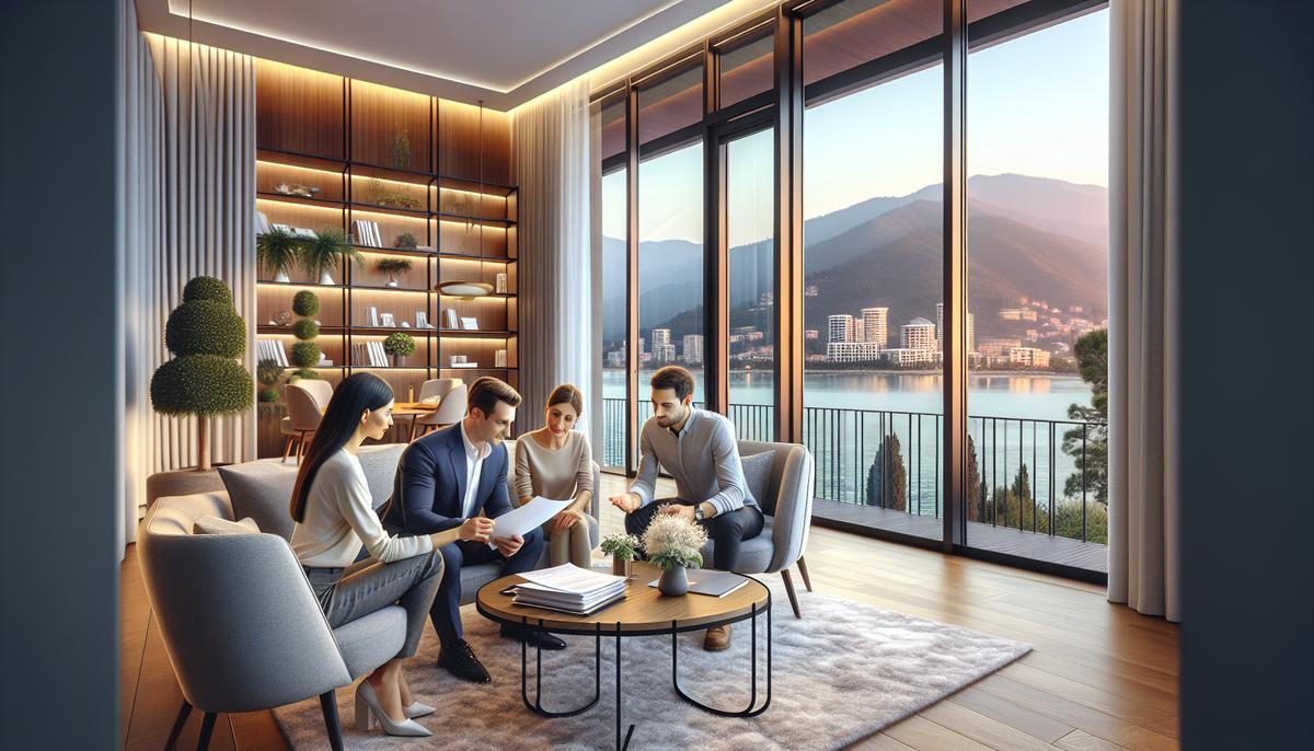 Как купить жильё в Батуми без рисков и переплат Покупатели обсуждают документы у агента в квартире с видом на море в Батуми