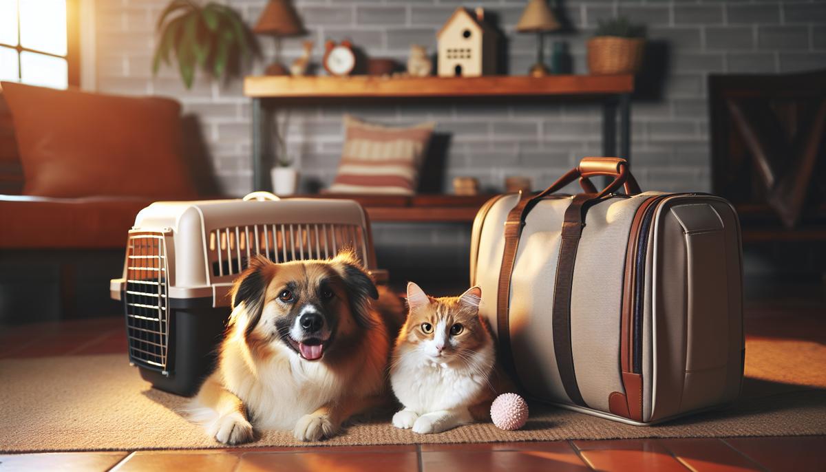 Как поддержать хвостиков во время отпуска или путешествия Спокойная собака и кошка рядом с дорожной сумкой и переноской