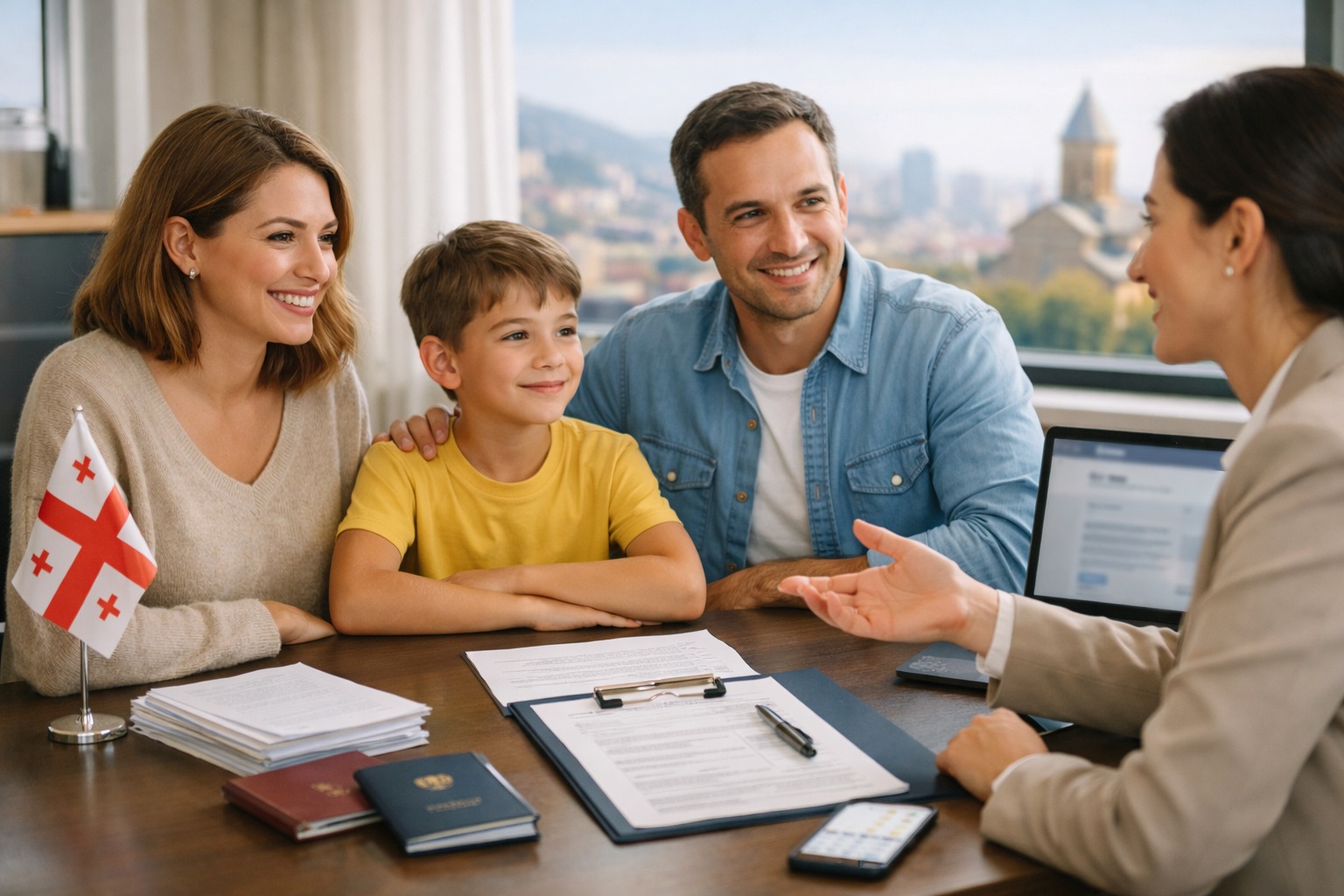 Как оформить документы на ВНЖ членам семьи Семья с документами на фоне квартиры в Грузии