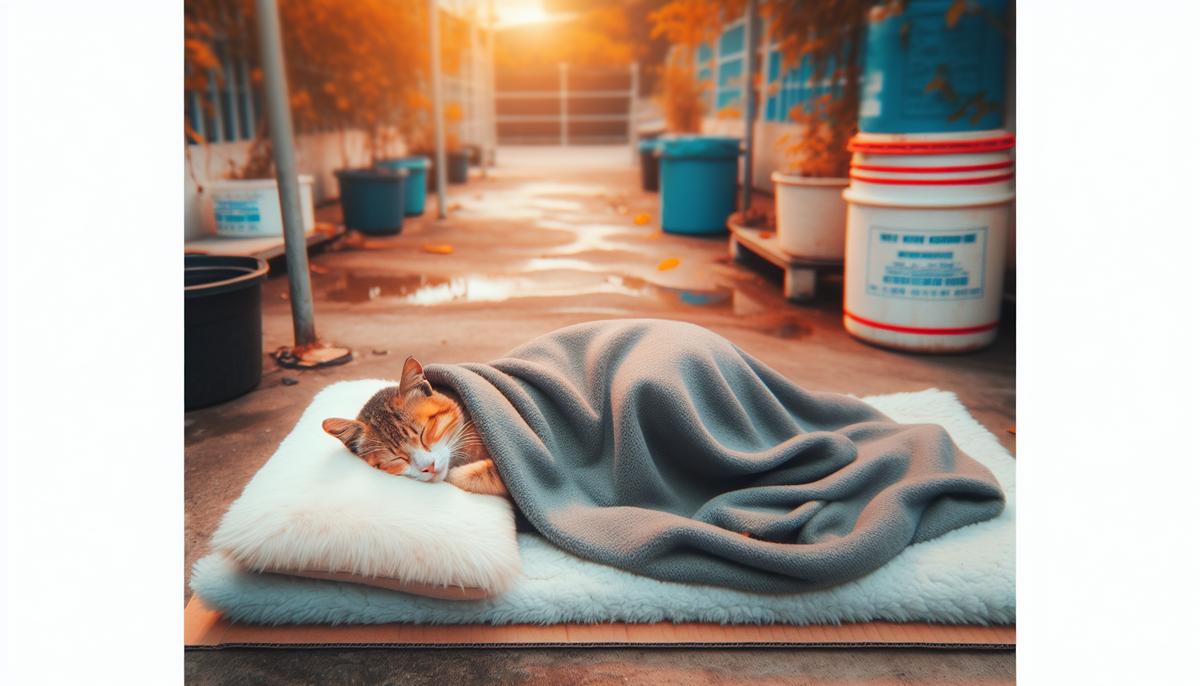 Уличная кошка в тёплой лежанке после операции
