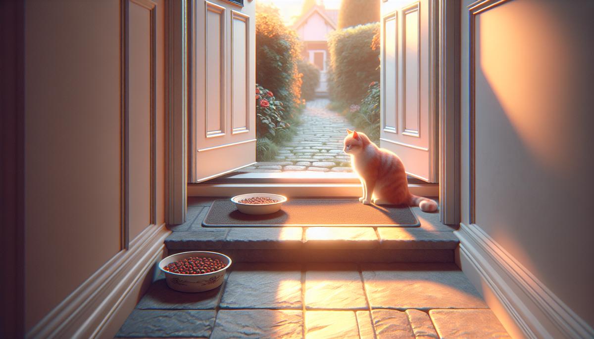 Семья ставит миску с едой для уличной кошки на пороге дома