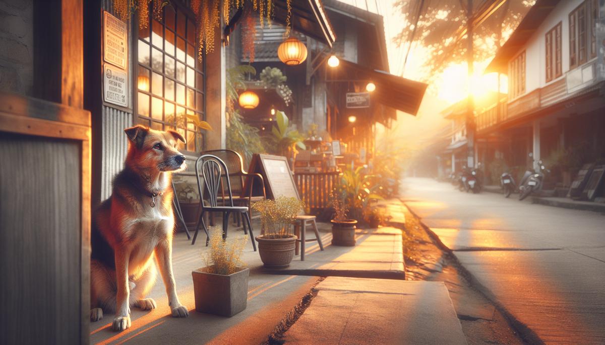Как уличная собака стала неофициальным «охранником» магазина Дружелюбная уличная собака сидит у входа в маленький магазин, внимательная и спокойная
