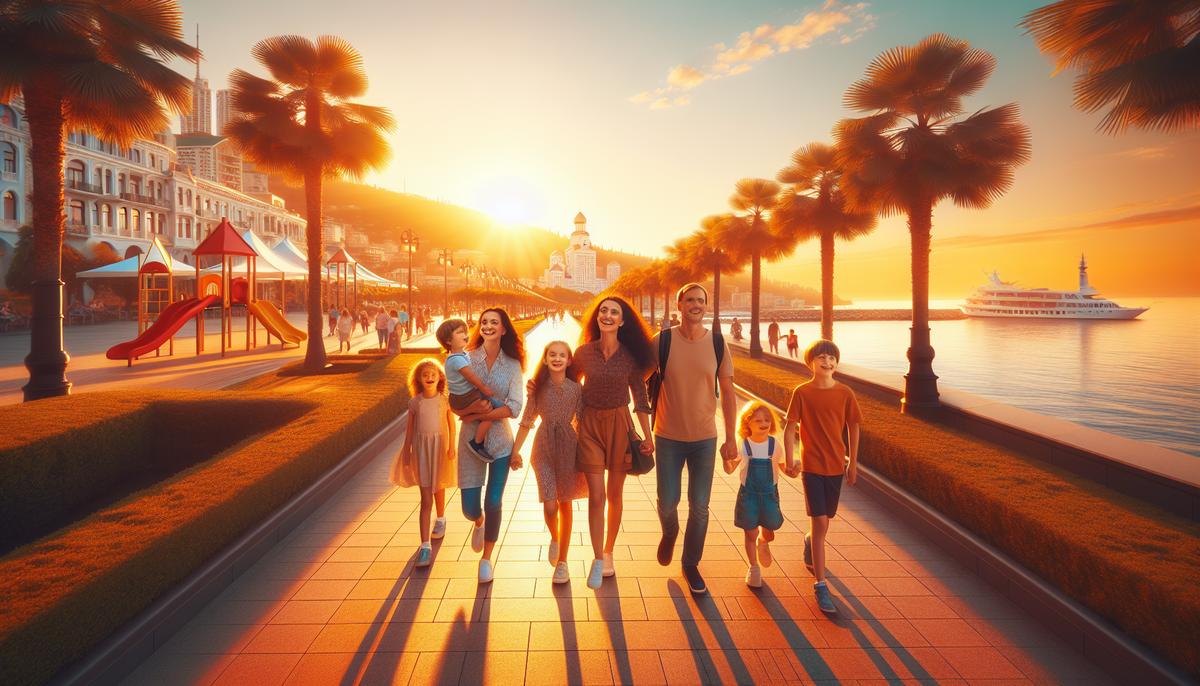 Лучшие районы Батуми для жизни с детьми Семья гуляет по набережной Батуми рядом с зелёным парком