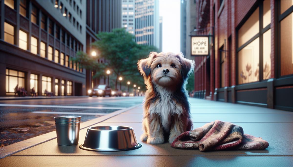 Миска и одеяло рядом с собакой на тротуаре