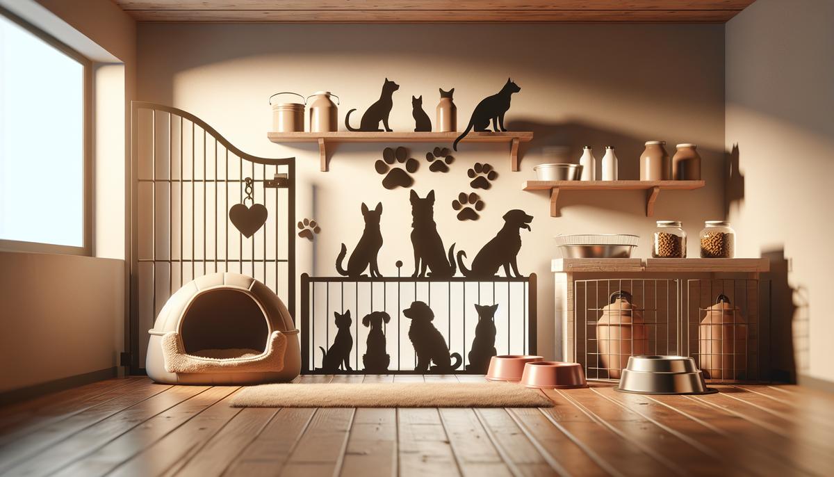 Пустая лежанка, миски и силуэты собаки и кошки у ворот приюта