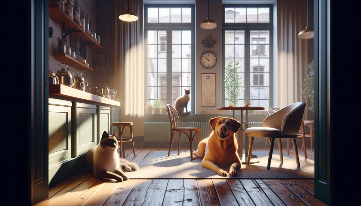 Кафе, где всегда рады хвостикам: история тёплого уголка Уютное кафе с собакой у стула и кошкой на подоконнике.