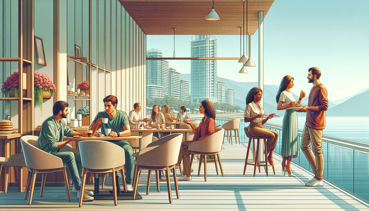 Сколько стоит питание в кафе и ресторанах Батуми 2025 Люди за столиками в уютном кафе Батуми на набережной