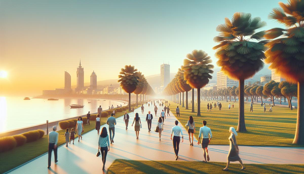 ТОП-5 парков и скверов Батуми для прогулок Люди прогуливаются по зелёному бульвару Батуми на фоне моря