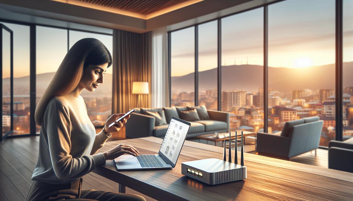 Интернет и мобильная связь в Грузии: качество и цены Человек с ноутбуком и смартфоном работает в уютной квартире в Грузии