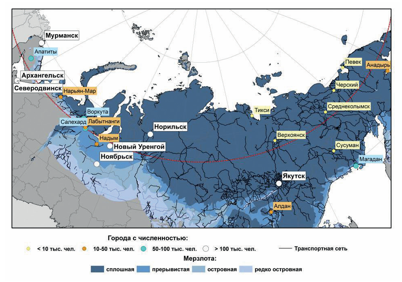Карта распространения многолетней мерзлоты в России, 2012. Источник: Росгидромет