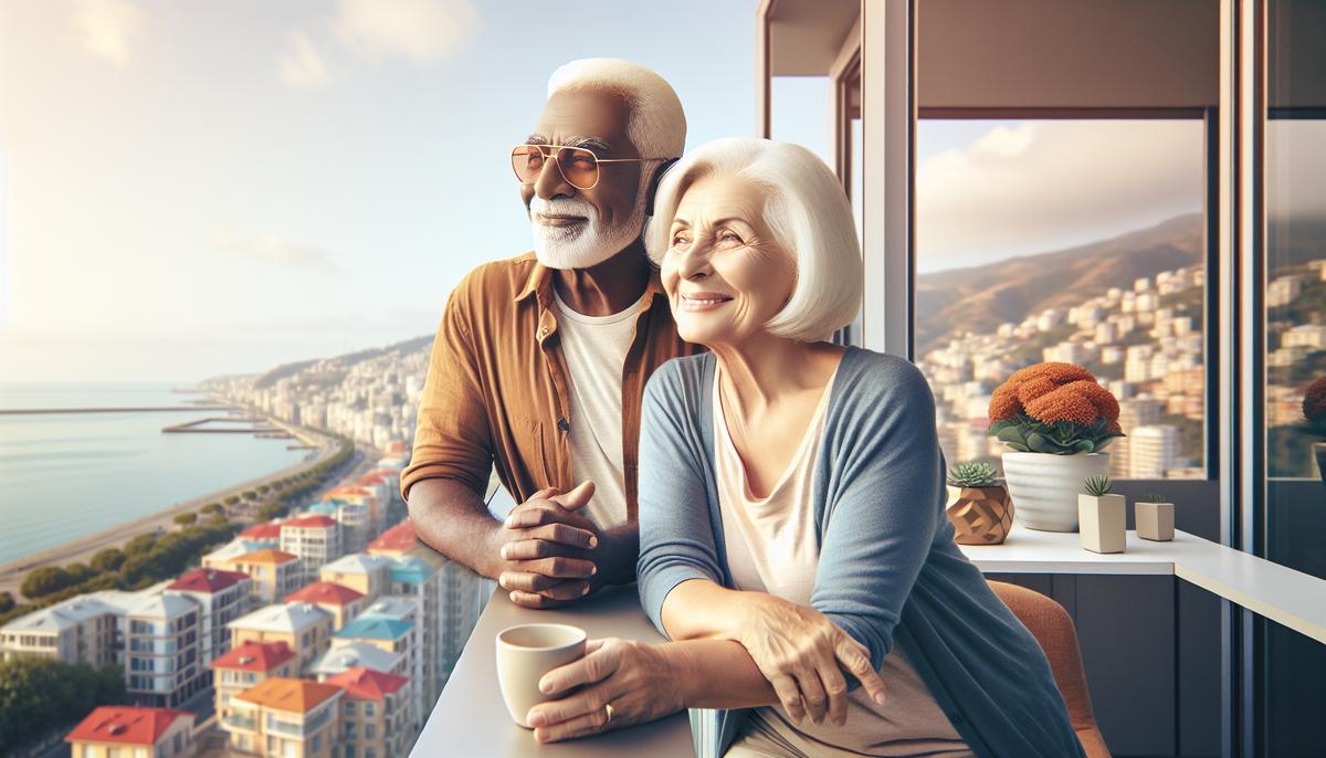 Как пенсионеру жить и получать ВНЖ в Грузии Пенсионерская пара у окна новой квартиры с видом на море в Грузии