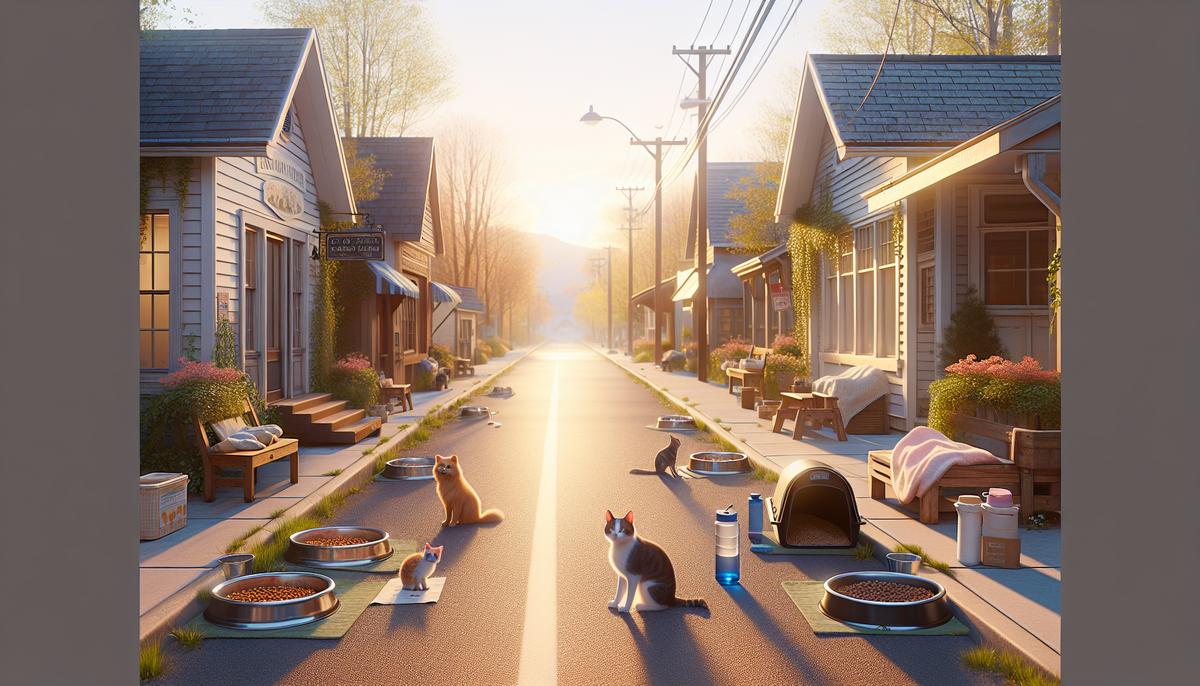Маленький город, где люди сами решили позаботиться о каждом хвостике Улица маленького города с кормовыми точками и укрытиями для собак, теплая атмосфера
