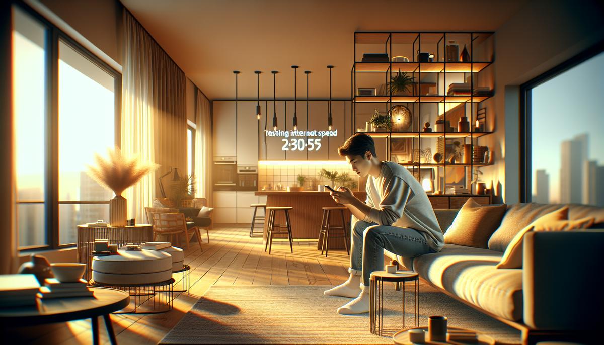 Сколько стоит связь и интернет в Грузии — 2025 Человек проверяет скорость интернета на смартфоне в интерьере квартиры в Грузии