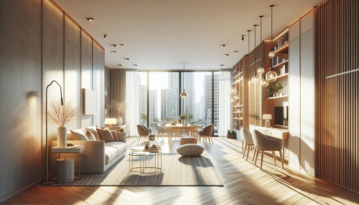 Инвестиции в апартаменты для долгосрочной аренды в центре Современная гостиная в апартаментах в центре, подготовленная для аренды