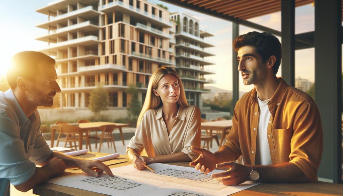 Как выбрать надёжного застройщика в Батуми Застройщик показывает план квартиры на фоне строительного объекта в Батуми