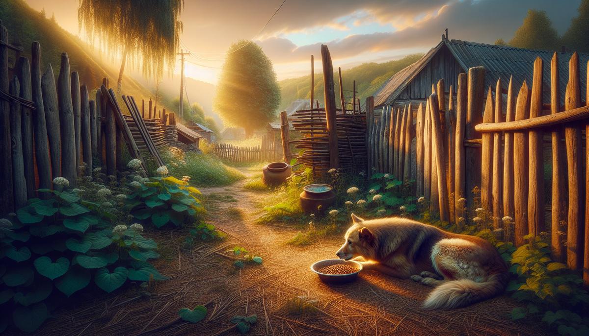 Как помочь животным, живя в маленьком городе или селе Спокойная уличная собака возле миски у сельского забора