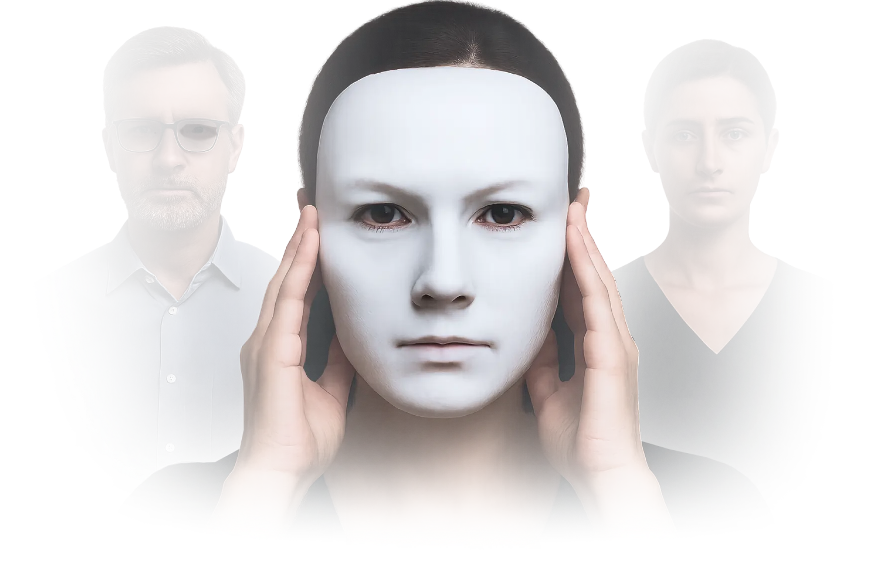 Woman in white mask, two people in background