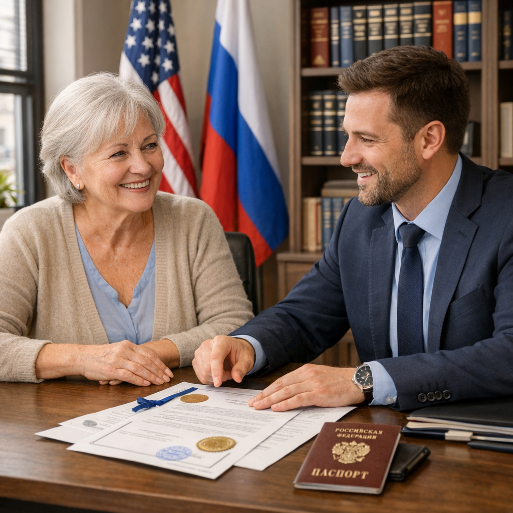 Справка о нахождении в живых — нотариус в Нью-Йорке, США | Docs from USA Современный нотариальный офис в Нью-Йорке: на столе справка о нахождении в живых, печать Notary Public, штамп Apostille, паспорт гражданина России, конверт «Pension Fund of Russia», QR-код, чашка чая и вид на Манхэттен через окно. Атмосфера доверия и официальности.