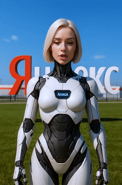 Стилизованный AI-аватар «Алиса»: женщина в футуристичном костюме на фоне надписи «Яндекс»