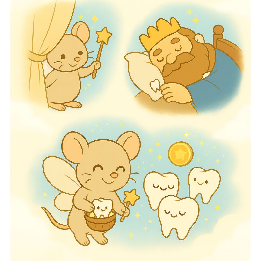 Whimsical cartoon illustration of the Tooth Fairy origin with a magical mouse from a French fairy tale collecting teeth from a sleeping king