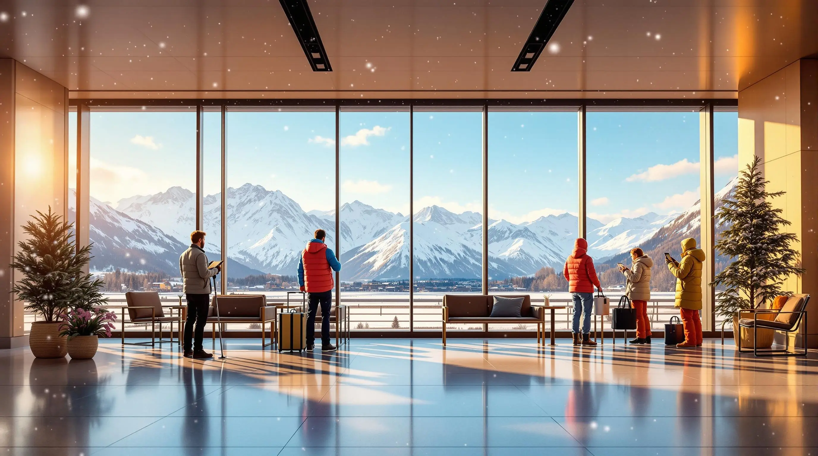 A modern airport lounge with large panoramic windows offering a breathtaking view of snow-capped alpine mountains. Travelers in winter clothing admire the scenery, while others check their devices or luggage in the warmly lit interior.