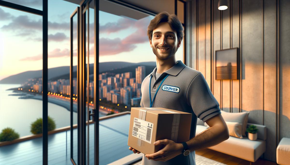 Доставка и маркетплейсы: как заказывать в Батуми Курьер с посылкой у подъезда жилого дома
