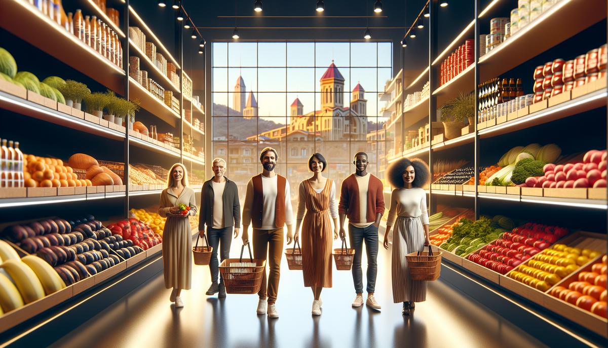 Где покупать продукты и бытовые товары в Батуми Покупатель в супермаркете Батуми с корзиной