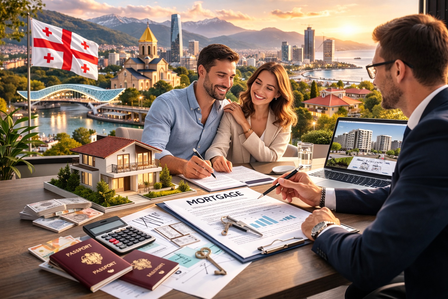 Ипотека в Грузии для иностранцев 2025 — условия, ставки и документы Пара обсуждает ипотечный договор с агентом в офисе