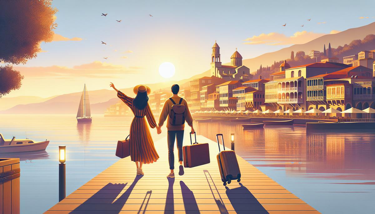 Переезд в Грузию на постоянное место жительства: этапы и советы Счастливая пара с чемоданами на фоне грузинской архитектуры и моря