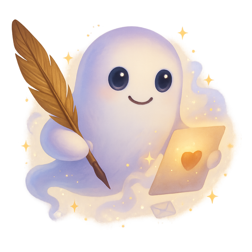 Friendly Halloween ghost delivering a magical glowing letter with a heart seal. The secret message inside is revealed in the dark with UV light
