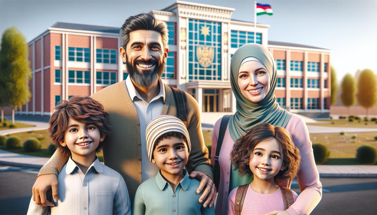 Переезд в Тбилиси с детьми: школы, кружки, медицина Семья с детьми у школы в Тбилиси