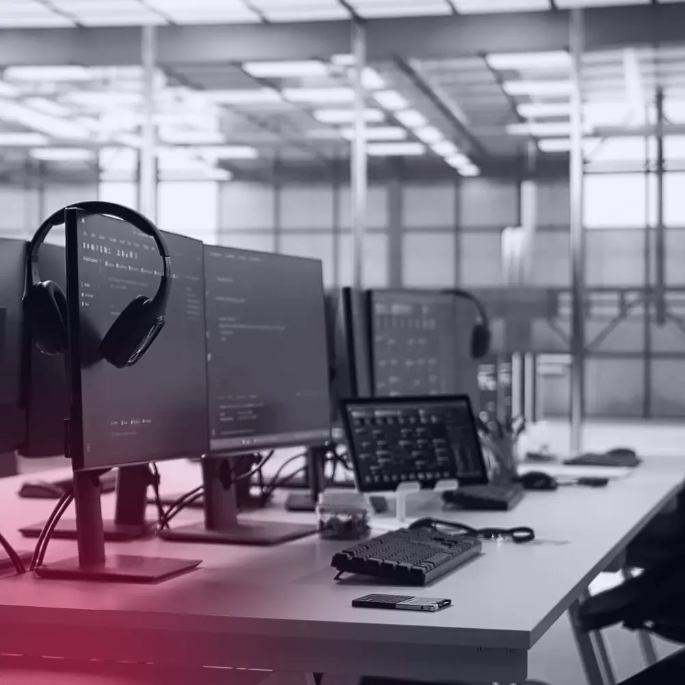 office workstation with monitors and headset