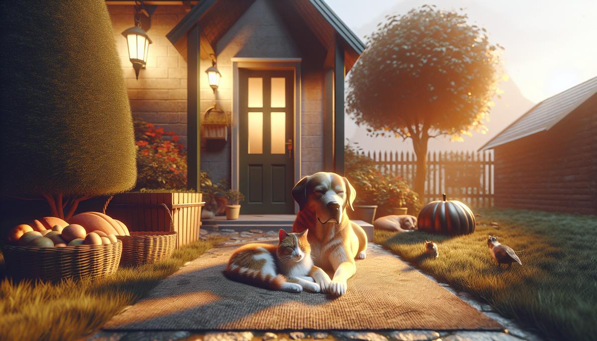 История семьи, которая решила брать животных только с улицы Спокойные собака и кошка в уютном дворе рядом с домом