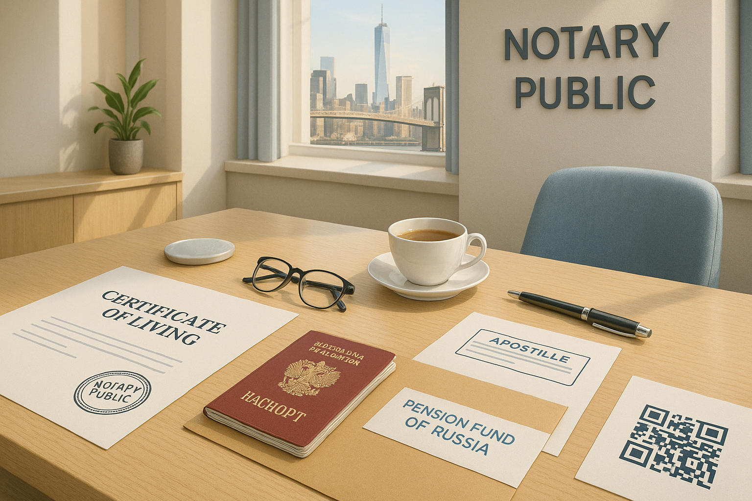 Современный нотариальный офис в Нью-Йорке: на столе справка о нахождении в живых, печать Notary Public, штамп Apostille, паспорт гражданина России, конверт «Pension Fund of Russia», QR-код, чашка чая и вид на Манхэттен через окно. Атмосфера доверия и официальности.