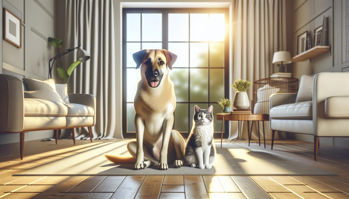 Как говорить о помощи животным с пожилыми родственниками Спокойная комната с собакой и кошкой у окна